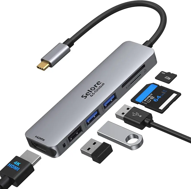 6-In-1 Usb-C Hub: 4K Hdmi Adapter, Dual Usb 3.0 Ports, Sd/Tf Card Reader For Macbook, Chromebook, Surface & Hp Laptops 1