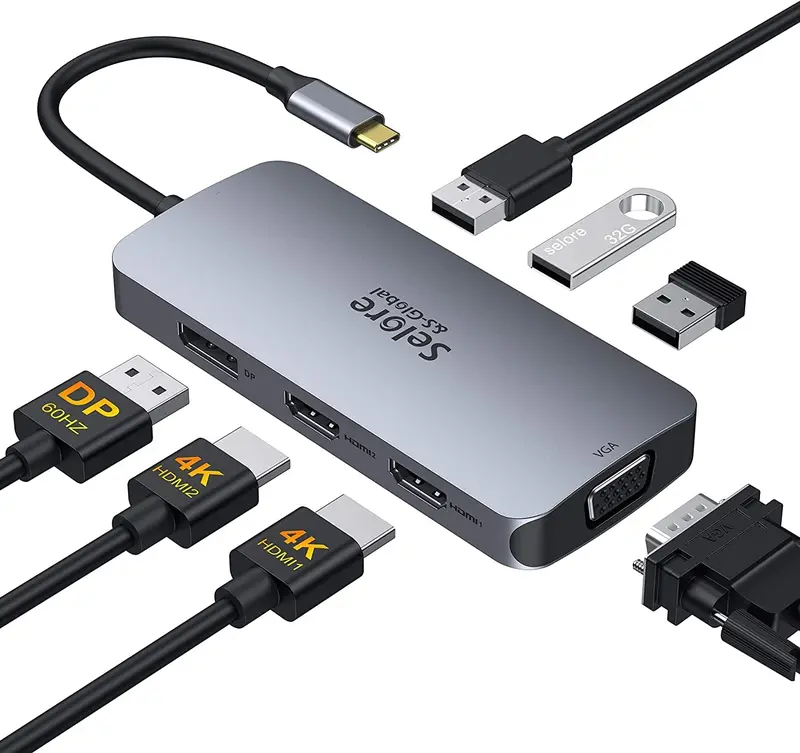 7-In-1 Usb-C Docking Station – Dual Hdmi Adapter, Vga/Displayport Support, 3 Usb 2.0 Ports, Multi-Monitor Setup For Dell Xps, Lenovo Yoga, Huawei Matebook X Pro 1