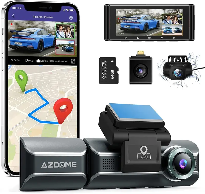 Azdome M550 3-Channel Dash Cam – Front + Interior + Rear 1440P+1080P Recording, Built-In Gps/Wifi, Ir Night Vision & Capacitor-Based Parking Mode 1