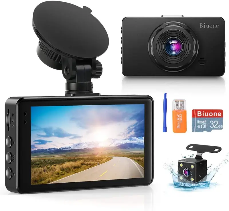 Biuone Dual Dash Camera System – 1080P Front/Rear Dvr With Wdr, G-Sensor, Parking Monitoring, And Loop Recording (Includes 32Gb Sd Card) 1