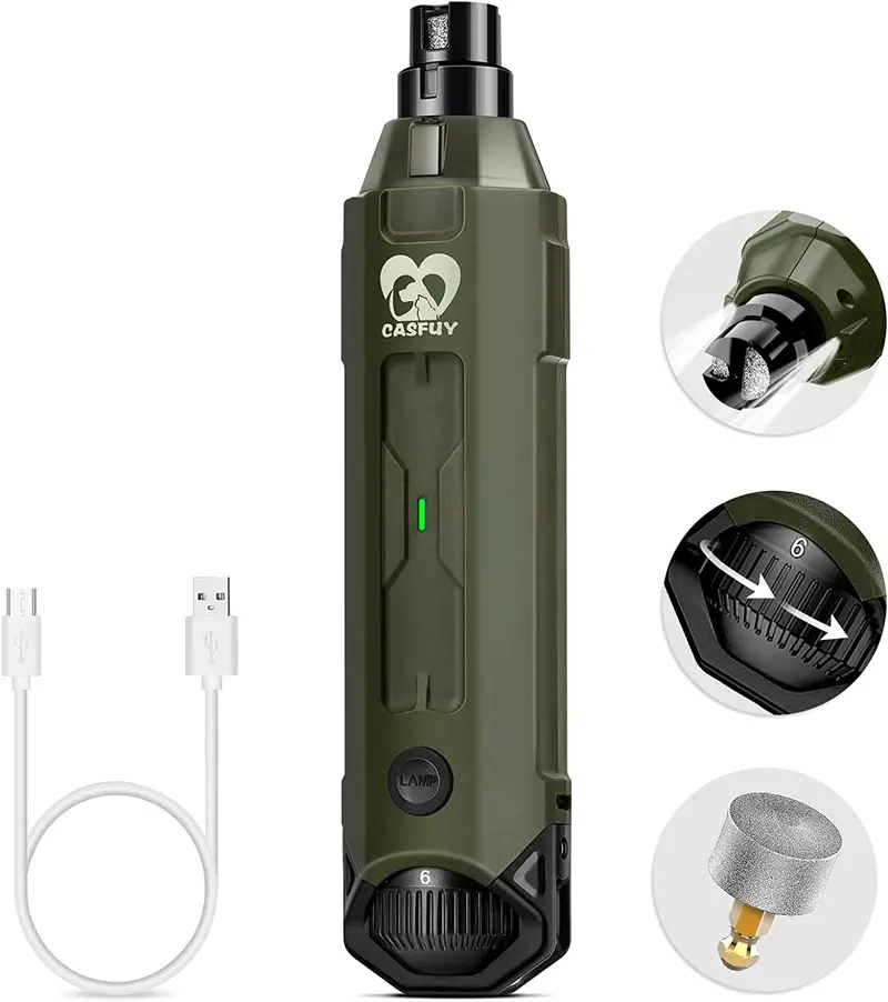 Casfuy Quiet Dog Nail Grinder — Rechargeable 6-Speed Electric Trimmer For Gentle, Low-Noise Paw Care (Army Green) 1