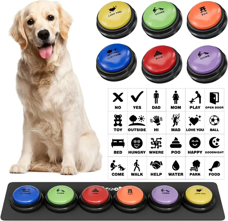 Interactive Dog Communication Buttons – 6-Piece Recordable Pet Talking System With Waterproof Mat And 24 Scene Stickers For Cats & Dogs 1