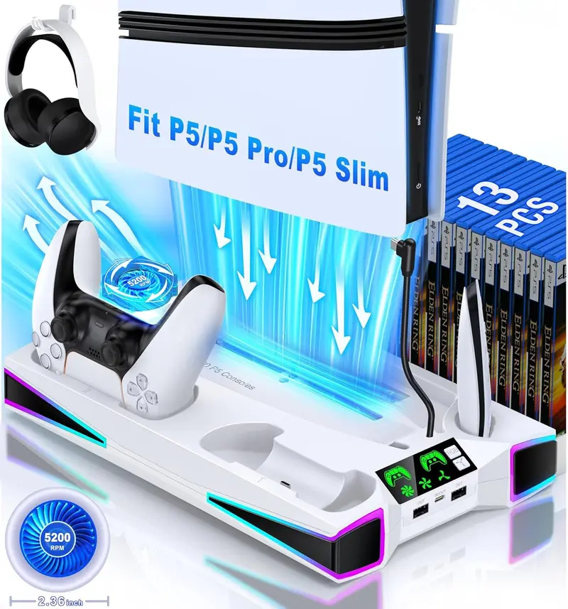 Kawaye Ps5 Vertical Stand – All-In-One Cooling Station With Rgb Fan, Dual Controller Charger, Headset Holder, And Triple Usb Ports 1