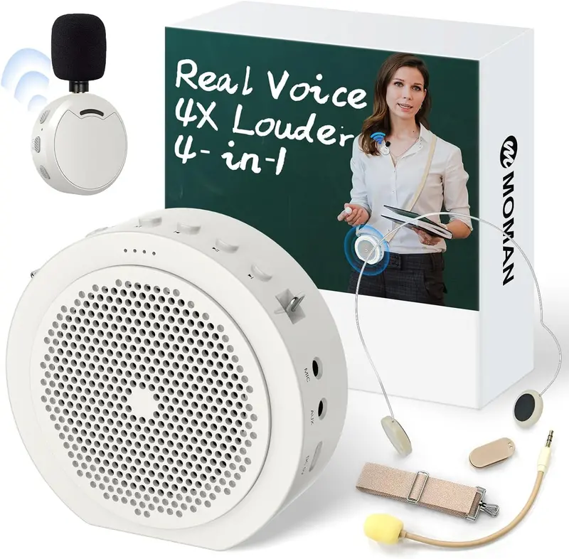 Moman White Wireless Voice Amplifier – 20-Hour Battery, 164 Ft Range, Magnetic Charging Dock, And Sensitive Noise-Reducing Mic For Active Professionals 1