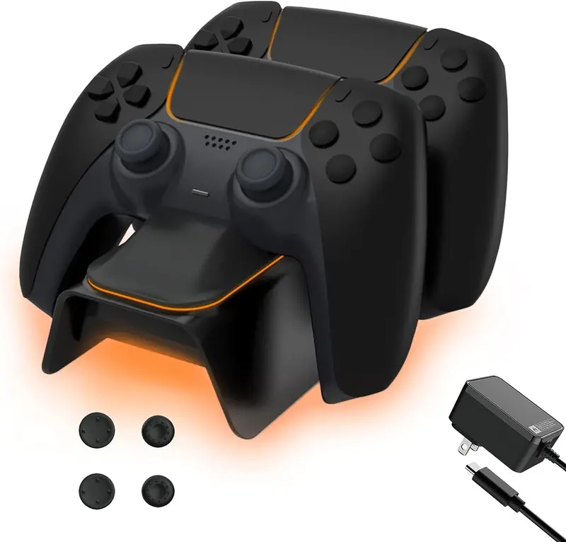 Nexigo Ps5 Dualsense Charging Dock – Fast Ac-Powered Dual Controller Station With Thumb Grip Kit, Led Status Indicators, And Sleek Black Housing 1