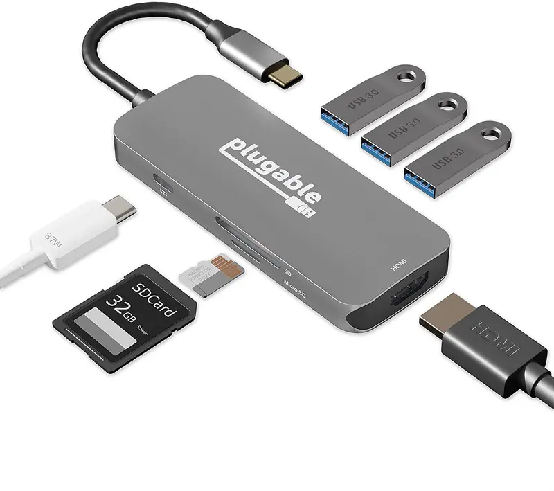 Plugable 7-In-1 Usb-C Hub – 4K Hdmi, Triple Usb 3.0, Sd/Microsd Readers, 87W Power Delivery, Thunderbolt 4 & Usb4 Compatible 1