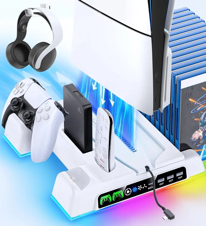 Ps5 Cooling Stand – Dual Controller Charging Station With 3-Tier Fan, Compatible With Ps5 Disc/Digital & Vita Game Storage 1
