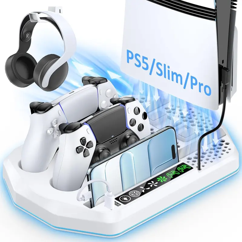 Ps5 Vertical Stand Kit – Dual Controller Charging Station With 3-Level Cooling Fan And Integrated Accessory Hub For Ps5/Slim/Pro 1