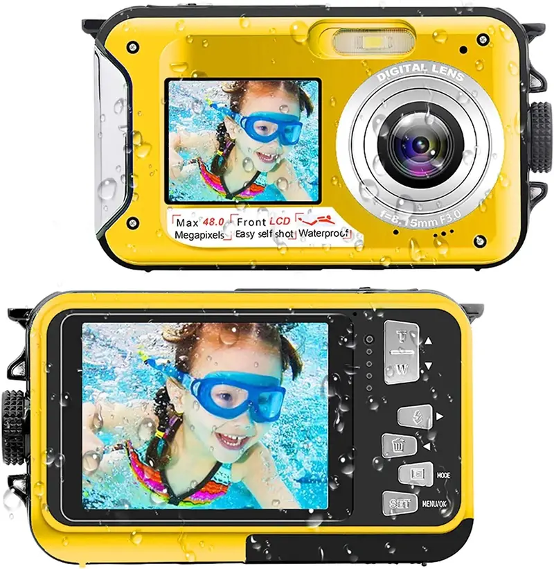 Yisence Underwater Digital Camera – 2.7K Full Hd, 48Mp, Dual Screens, 16X Zoom, Flashlight, Yellow Snorkeling Model 1